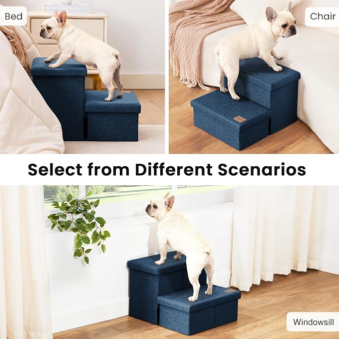 Love's cabin Dog Stairs for High Bed, Foldable Pet Stairs for Small Medium or Large Dogs Puppy with Storage for Bed or Couch, Cat Dog Steps Ramp with Zip up to 200 lbs, Navy Blue, 2 Steps