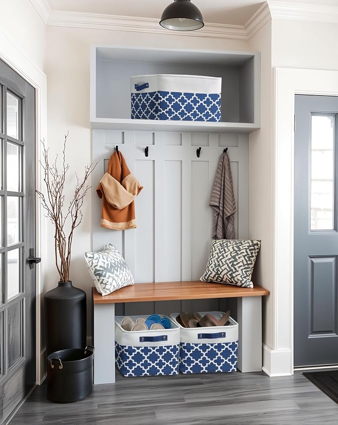 DECOMOMO Storage Bins, Large Fabric Storage Baskets for Shelves 3 Pack | 15 x 11 x 9.5 inches Decorative Linen Closet Organizers with Handles (Blue Patterns)