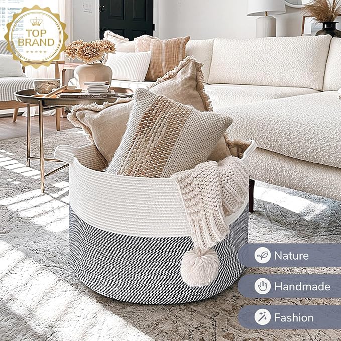 INDRESSME XXXLarge Woven Rope Blanket Basket Living Room Navy, 90L | 21.7" x 13.8" Storage baskets for toys laundry & pillows. Fits living room, bedroom or nursery décor. Soft-touch with handles