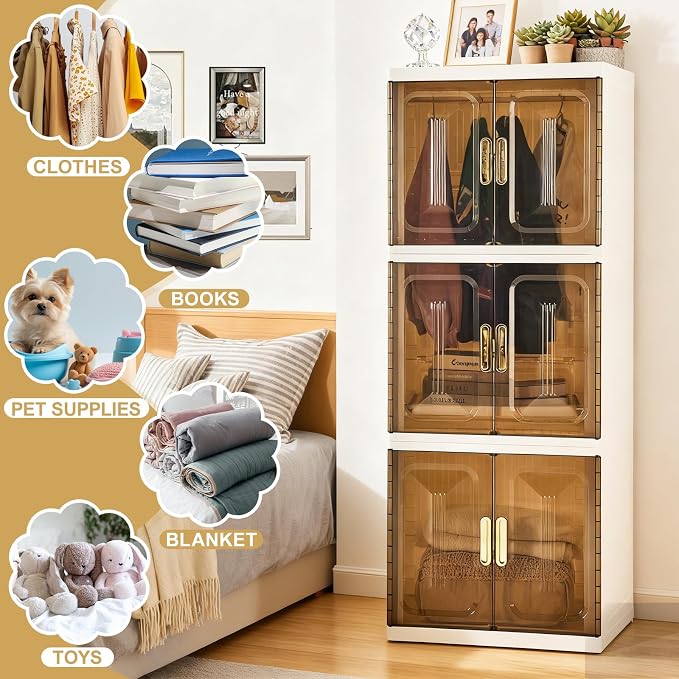 Portable Wardrobe Closet Pet, Pet Collapsible Clothes Storage Organizer | 3 Layer White Plastic Foldable Pet Wardrobe Cabinet with Doors & Wheels