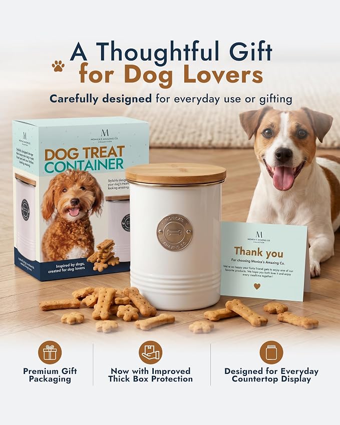 Dog Treat Container with Bamboo Lid, White Metal, 5.1” W x 6.5” H, 6.4 Cups | Silicone Seal, Easy-Open Lid, Premium Seamless One-Piece Body, Dent-Resistant, Fits Most Dog Treats, Modern Countertop Decor