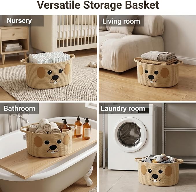 Woven Dog Toy Basket, Cute Dog Toy Bin with Embroidered Face, Soft Cotton Rope Puppy Storage Box Holder for Living Room, Decorative Pet Stuff Organizer, Puppy Room Decor Basket, 15"x11"x9"