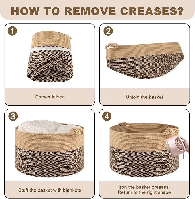 OIASKET Large Blanket Storage Basket for Living Room, 22.8" x 22.8" x 13" Woven Cotton Rope Basket with Handles, Baby Toy Storage, Laundry Hamper for Clothes, Pillows, Towels-Brown and Black