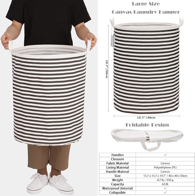 Sea Team Large Canvas Laundry Basket with Handles, Black Stripes, 2-Pack | Collapsible Fabric Laundry Hamper, Closet Shelf Organizers, Containers for Clothing, Blankets, Toys, Bedding, 19.7 x 15.7”