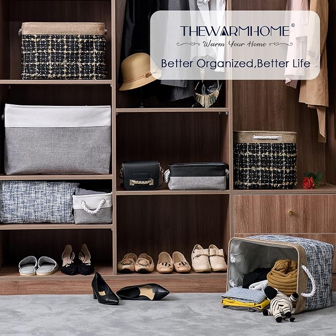 Small Storage Baskets for Organizing,Storage Baskets for Shelves,Small Fabric Storage Bins W/Handles For Closet Nursery Toy Decorative Foldable (White&Grey, 11.8L*7.9W*5.2H-6 Pack)