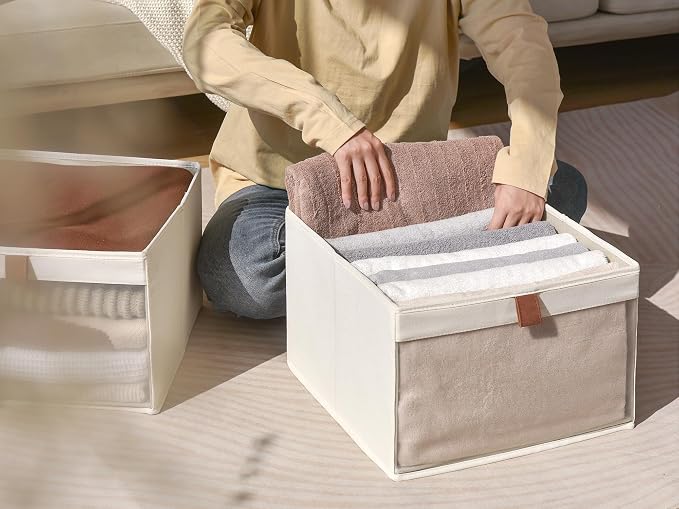 StorageWorks Closet Storage Bins, Collapsible Storage Basket, Beige, 3-Pack | Clear Window for Visibility, Soft Leather Handle, Flip to Show/Hide, Breathable Fabric, Holds Coats, Towels, Blankets, Toys
