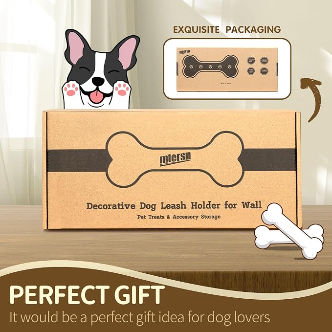 MTERSN Acacia Wood Dog Leash Holder Wall Mount with 3D Paws Hooks, Brown | Dog Bone Shape Dog Leash Holder for Wall, Key Holder Wall Mount, Cute Stuff for Pet Lover Gifts, Leash and Key Holder