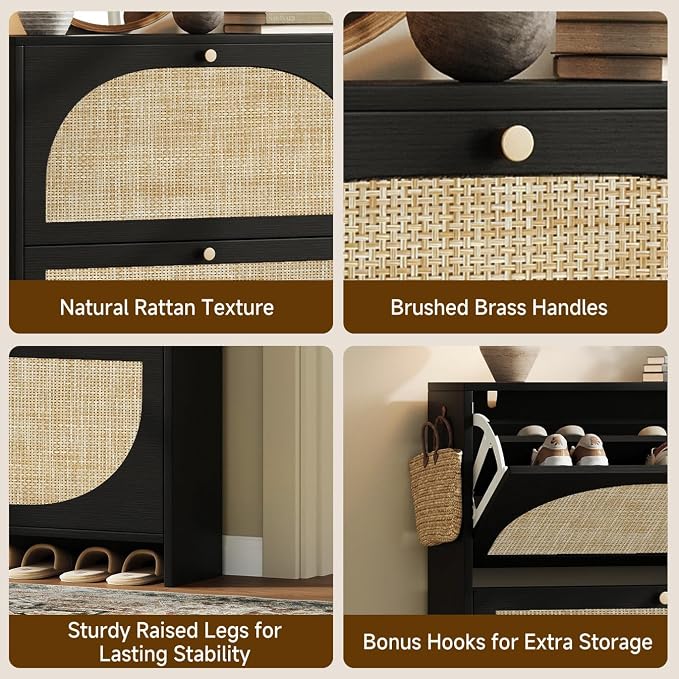 Shoe Organizer for Entryway, Slim Shoe Rack with 2 Flip Drawers, Modern Boho Rattan Shoe Cabinet Storage for Entryway, Narrow Shoe Cabinet with Adjustable Shelves for Small Spaces, Black