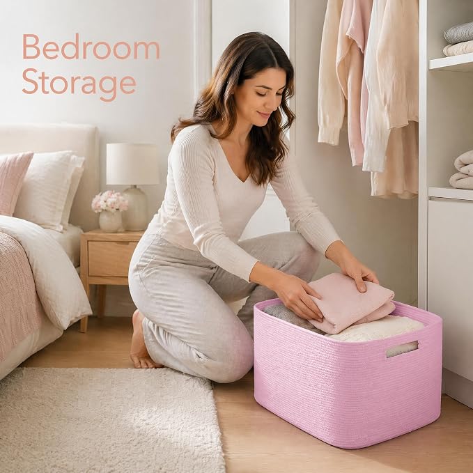Cotton Rope Laundry Basket Small, 12.8GAL Collapsible Woven Storage Baskets for Living Room Kids Toys Stuffed Animal,Boho Rectangular Decorative Short Hamper for Dirty Clothes, Blankets Light Pink