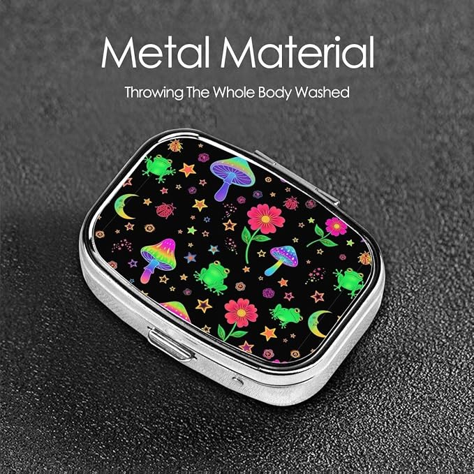 Personalized Pill Box Stainless Steel Custom Medicine Case Compact Supplement Organizer, Beautiful Magical Flowers Goth Moon Mushrooms Frogs