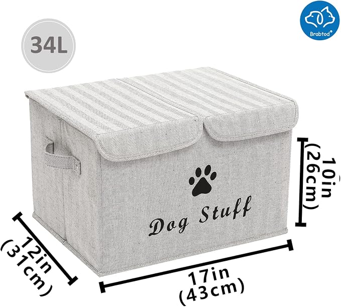 Large Dog Toys Storage Box Canvas Storage Basket Bin Organizer with Lid - Collapsible Linen Bin Ideal for Organizing Dog Cat Toys and pet Stuff-PP Boad-17" x 12" x 10" - Gray Stripe