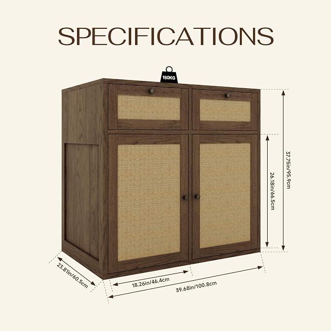 PureCozy Wooden Side Cabinet for Dog Crate Furniture, 40 Inch, Light Oak | Complementary storage unit with cane doors and 2 drawers; pairs with PureCozy dog crate furniture for indoor use.