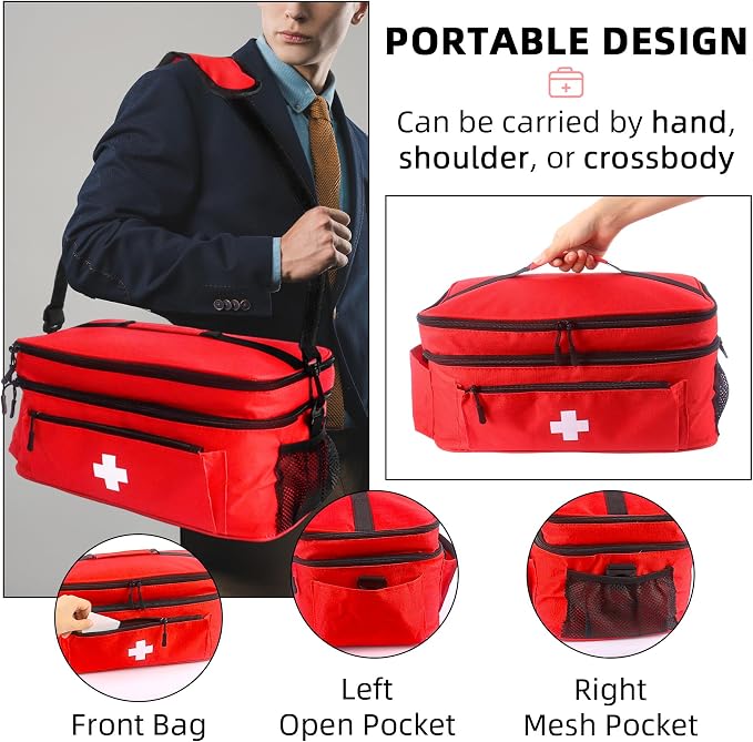 First Aid Bag Empty Large 16x8.3x7 inch with Adjustable Shoulder Strap, Medical Organizer for Pet First Aid Kits, Home Travel Camping Emergency Supplies Storage (Red)