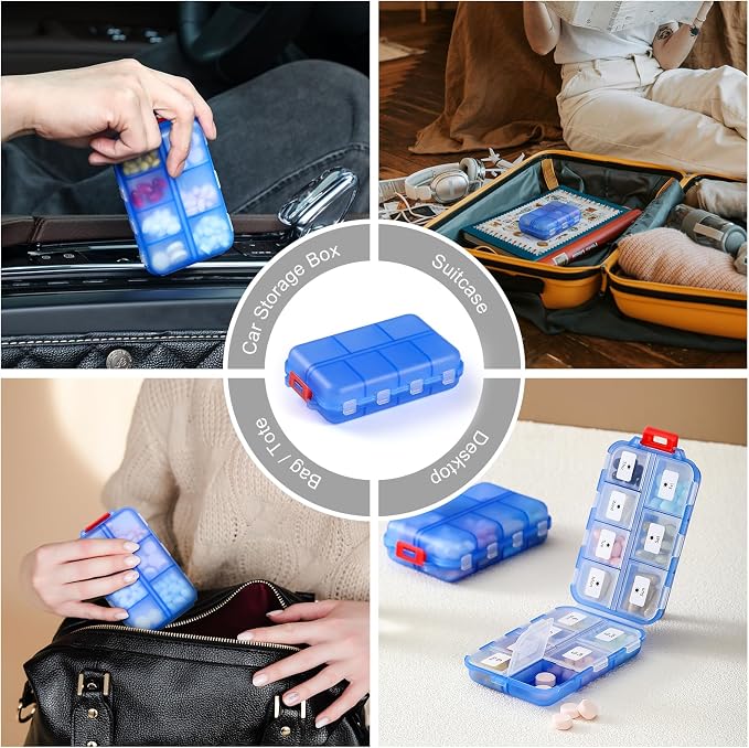 14 GRIDS Travel Pill Organizer Box with Labels - Travel Medicine Case Kit - Pocket Daily Pharmacy Container - Travel Medication Holder Dispenser for Fish Oil Vitamin Supplement Storage - Clear Blue