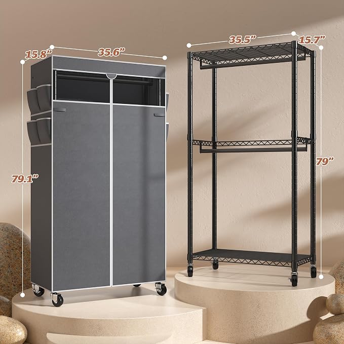 Raybee Clothes Rack with Cover, Rolling Portable Closet, 2 Rods & 2 shelves | Heavy Duty, Tool-free Assembly, Adjustable, Lockable Wheels, Freestanding, Covered, Zippered, Saving Space for Bedroom,Dorm