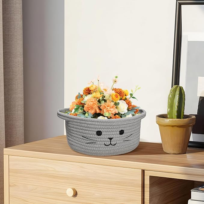 Small Cat Toy Basket, Gift Baskets Empty for Baby Shower,9.8" x 4" | Boo basket Cute Woven Rope Storage Basket for Home Decor, Baby Baskets for Nursery, Cat Pet toy box, Grey