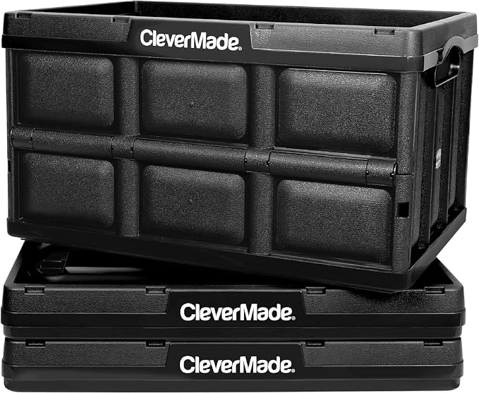 CleverMade Collapsible Storage Bins, 46L, 3 Pack Foldable Storage, Obsidian | Carry Groceries, Tools, and Gear Without Bulky Totes | Each Bin Holds 75 lb, Stacks Securely, and Folds to 2.75 Inches