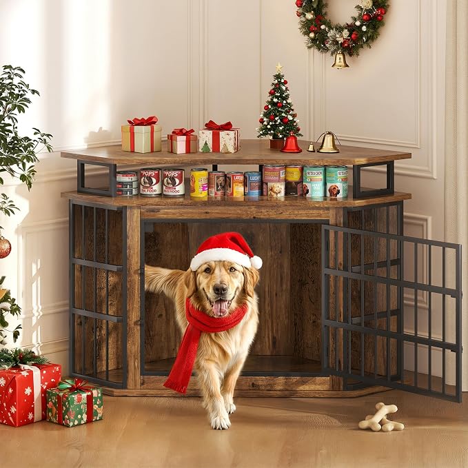 51" Corner Dog Crate Furniture Large Wooden Dog Kennel Indoor Dog House | With 2-Tier Shelves, Large Storage Space, Space-Saving Design, Multi-functional Pet House, Sturdy & Secure, Easy Assembly