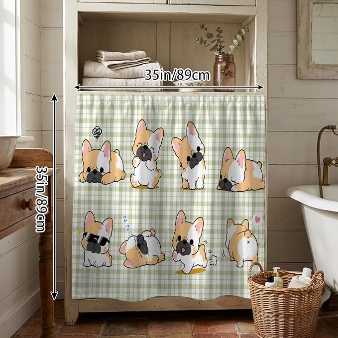 Cute Puppy Cabinet Dishwasher Hidden Curtains, Privacy Closet Door Curtain, Sage Green Plaid Modern Funny Dogs Pet Adhesive Dust Proof Under Sink Skirt for Bathroom Kitchen 35"x35"
