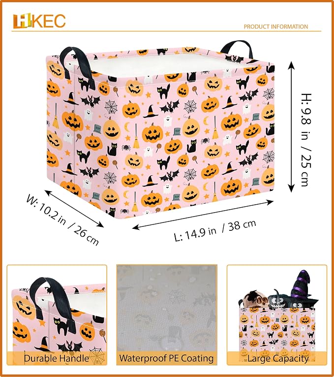 Rectangle Storage Basket with Handles,Collapsible Storage Bin,Books Box,Gift Basket(Pink Cat Halloween)