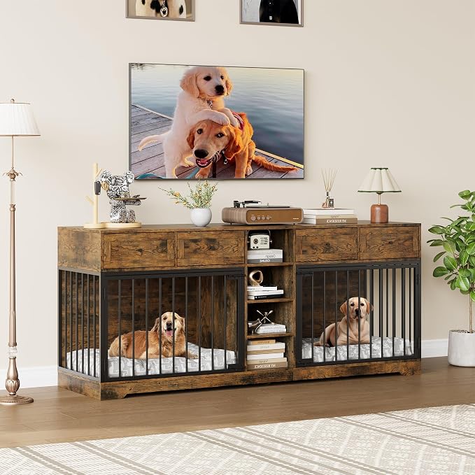 GarveeHome 82" Double Dog Crate Furniture with Drawers and Shelves, Brown | Heavy Duty Wooden Dog Crate TV Stand, Large Dog Kennel Indoor for 2 Medium/Large Dogs