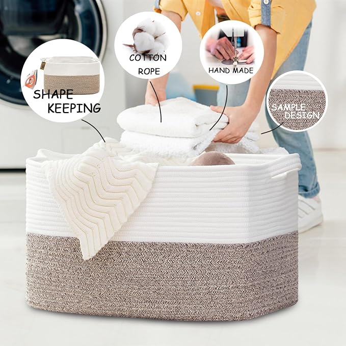 COMFY-HOMI Large Rectangular Blanket, Cotton Rope Woven for Storage, LaundryHamper, Storage,Toy Organizing Bin with Handle, Organizer and Storage-22x15x12-