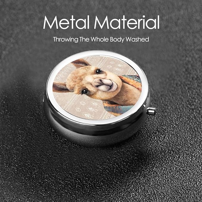 Boho Alpaca Animal Pattern Brown Portable Pill Organizer | 3 Compartment, With Mirror, For Men Women, For Daily Supplements, Vitamins, Fish Oil, Jewelry, Candy, Travel