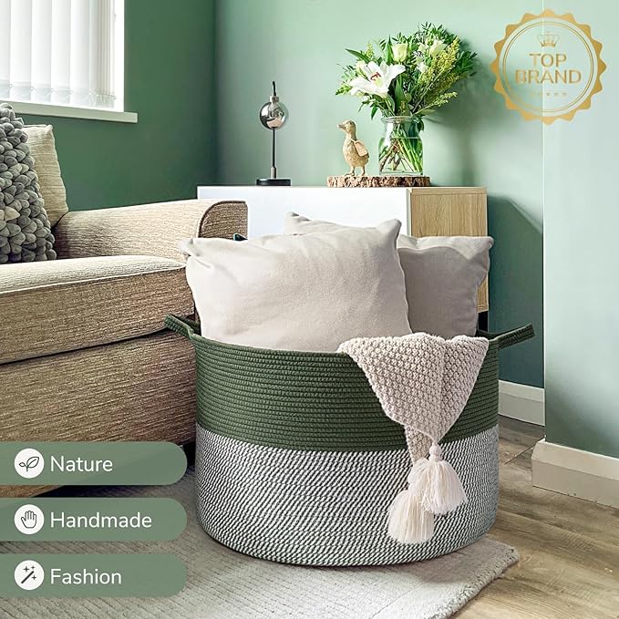 INDRESSME XXXLarge Woven Rope Blanket Basket Living Room Green, 90L | 21.7" x 13.8" Storage baskets for toys laundry & pillows. Fits living room, bedroom or nursery décor. Soft-touch with handles