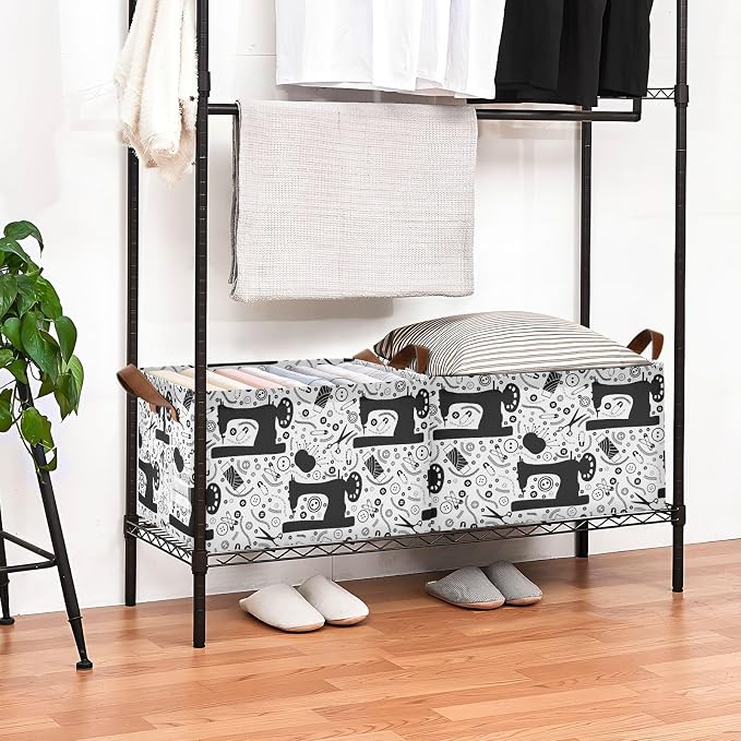 Black White Sewing Tools Printed Storage Basket Foldable Cube Storage Bins with Handles&Label Collapsible Organizer Box Bin Large Rectangle Decorative Baskets for Shelves Home Living Room Closet, 2 PC