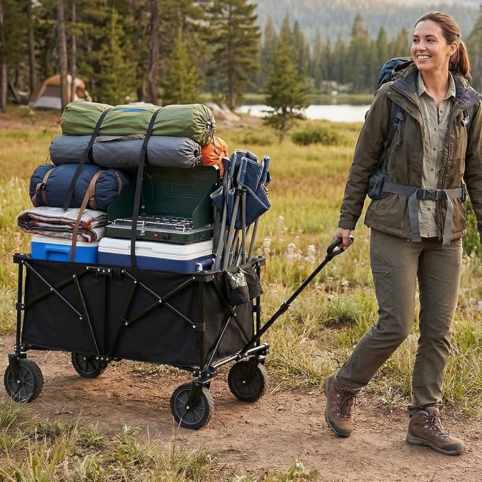 Goplus 38" Collapsible Wagon Cart, 400 LBS Heavy-Duty Foldable Beach Wagon with All-Terrain Wheels & 2 Cup Holders, 180 L Portable Utility Cart with Adjustable Handle for Camping, Shopping