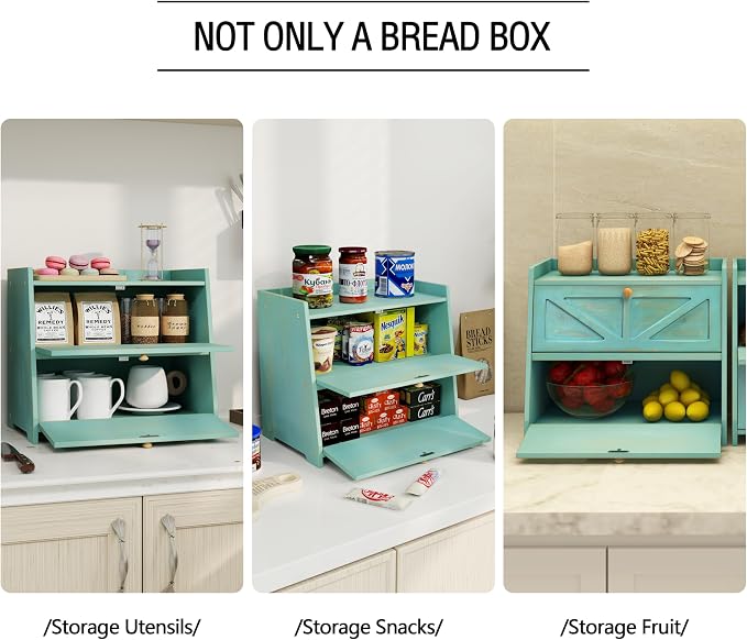 Trironsun Vintage Double Layer Bread Box for Kitchen Counter Bamboo Bread Storage Container Large Capacity Bread Storage Bin (Antique Blue)