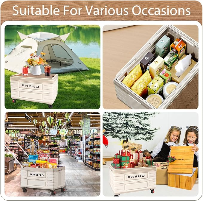 Folding Utility Cart Portable Rolling Crate Handcart Shopping Trolley Collapsible Tool Box with Wooden Lid, Basket on 4 Rotate Wheels, for Grocery, Office, Luggage, Teacher, Travel (White)
