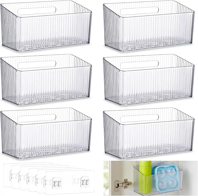 6 Pack Cabinet Organizer, Bathroom Cabinet Door Organizer with Adhesive Hooks, Clear Stackable Inside Cabinets Door Storage Bins, Wall Mounted Acrylic Shower Shelves for Kitchen, Pantry, Office, RV