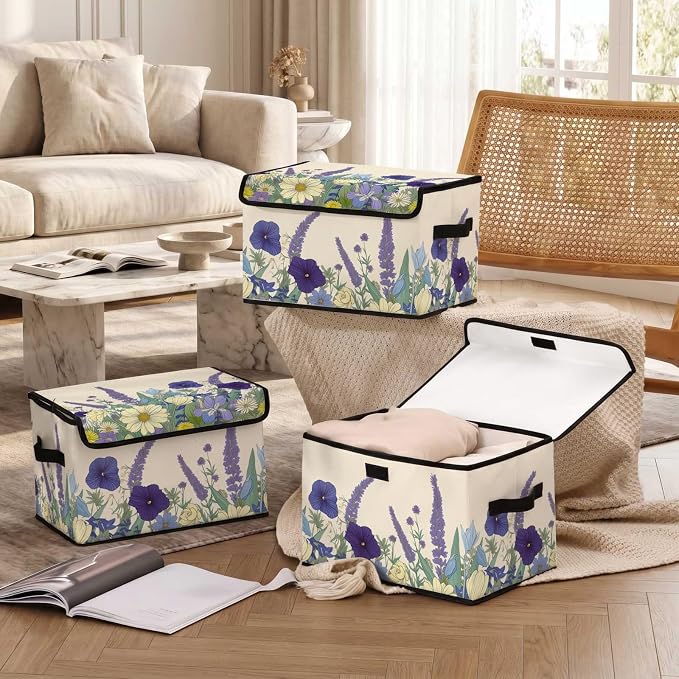 Stackable Storage Bins with Lids,Closet Organizers Fabric Box for Home and Office,Blanket Clothes Organizers,Under Bed Storage Containers 3 Pack