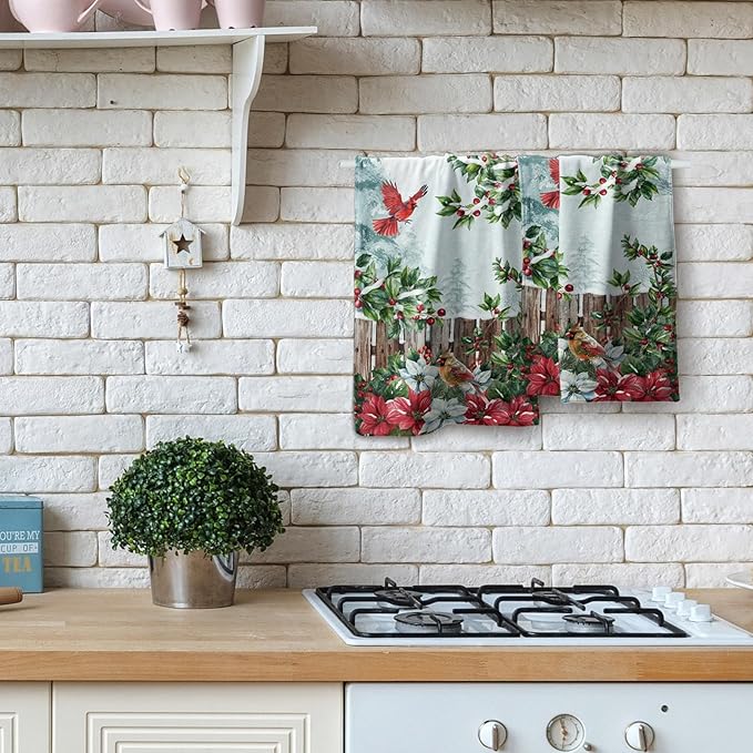 Giwawa Red Bird Towel- Xmas Holly Berries Watercolor Poinsettia Hand Face Towels- Winter Trees Red White Floral Soft Microfiber Dish Towel for Bathroom Guest Gym Seasonal New Year Decor
