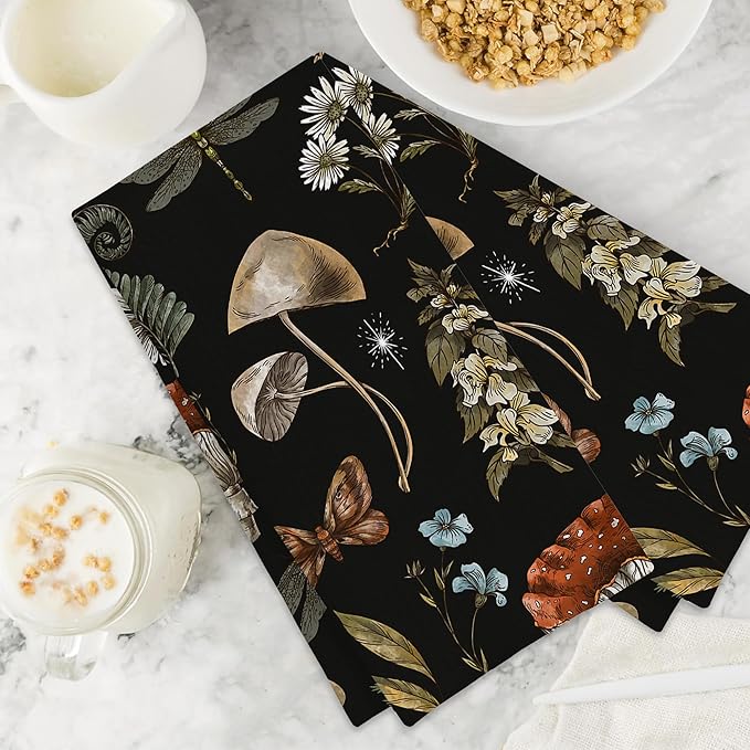 Vintage Mushroom Plants Floral Hand Towels,Set of 2 Absorbent Bath Towel Kitchen Dish Towel Home Gym Hotel Bathroom Decor,16x24 Inches