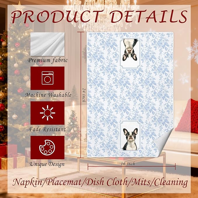 Blue and White Chinoiserie French Bulldog Kitchen Towels 16x24 in, Frenchie Gifts for Women, Grandmillennial Toile De Jouy Floral Dog Decorative Hand Tea Dish Towels for Bathroom Kitchen
