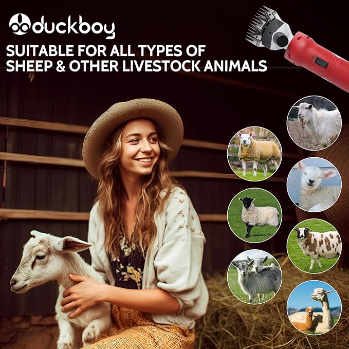 DUCKBOY Professional Cordless Sheep Shears - 250W 18V Electric Rechargeable, Heavy-Duty Livestock Haircut Groomer for Sheep, Horses, Alpacas & Large Dogs (Red)