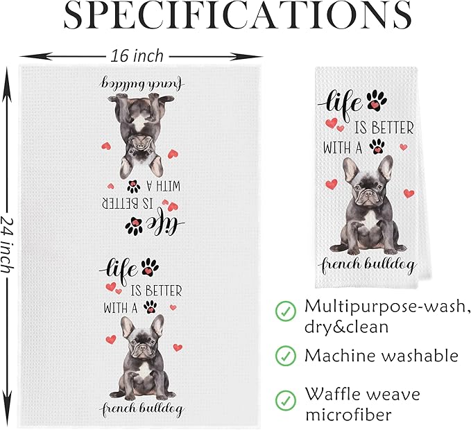 Gqtt French Bulldog Dish Towels Set - Funny Bulldog Gift Waffle Weave Kitchen Towels, Decorative Hand Tea Towels for Kitchen Bathroom (1624 Inches Set of 2)