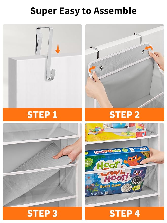 JARLINK Over The Door Toy Storage Organizer w/Clear Window, Grey, 2 Pack | Anti-Tilt 44 lb Load Capacity, Baby Toy Storage Organizer for Stuffed Animals, Nursery, Kid Bedroom, Newborn Baby Essentials