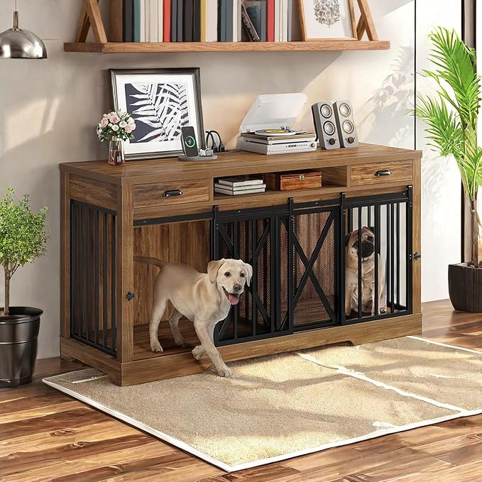 YITAHOME 63" Double Dog Crate TV Stand with Charging Station for 2 Dogs | Heavy Duty Wooden Cage, Dog Kennel Indoor Furniture Double Sliding Barn Door Design Ideal for 2 Dogs, Oak