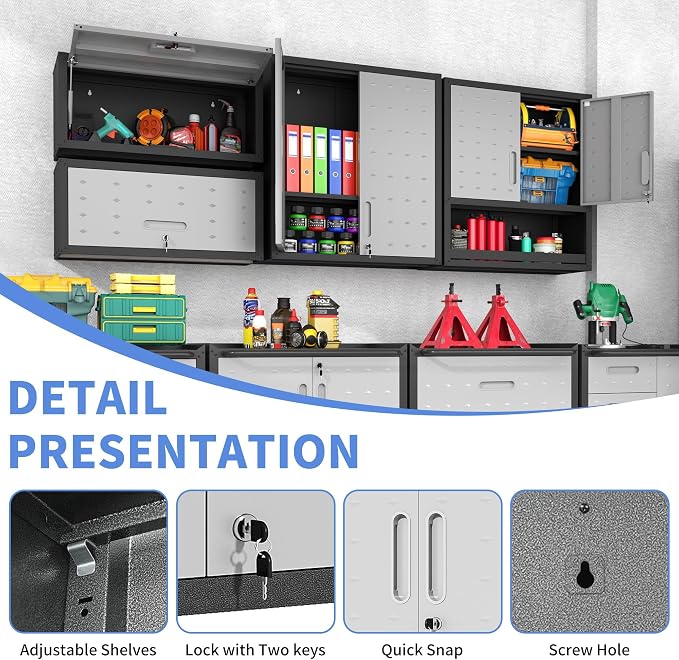 Metal Storage Cabinet for Garage, Tool Cabinet, Utility Cabinet | Wall Mounted, Hanging Tool Cabinet, Lockable, Flip-up Cabinet Door, Assembly Required, Black & Grey