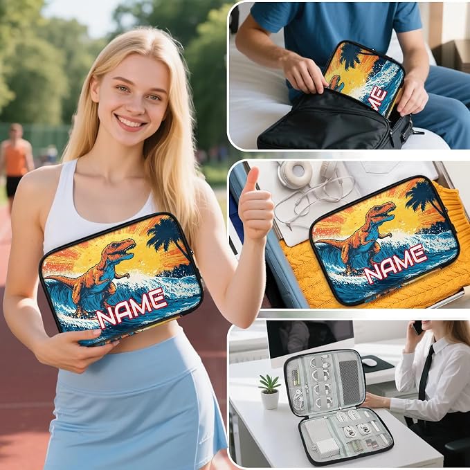 Custom Electronics Organizer Retro Surfing Dinosaur Travel Cable Pouch Large Tech Accessories Case Waterproof Cord Storage Bag for Power Bank Charger Phone Earphone
