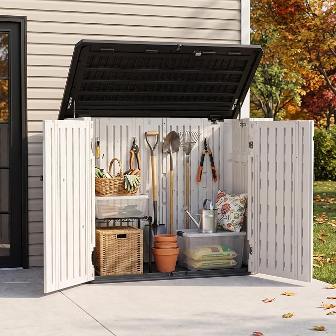31 Cu.Ft Resin Outdoor Storage Cabinet with Floor, Weatherproof Plastic Vertical Outdoor Storage Shed for Garden Backyard Patio Pool Tool