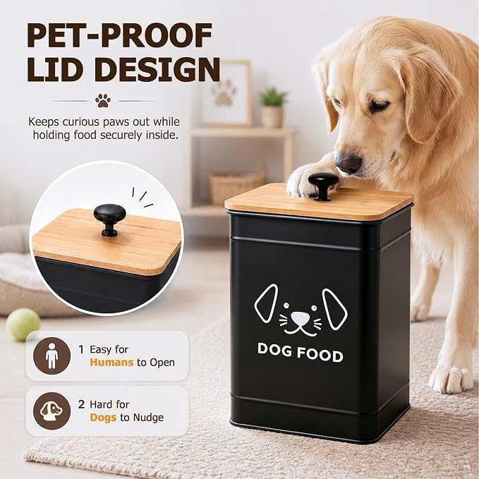 Dog Food Storage Container 25 Cups Airtight Metal Canister with Bamboo Lid | 5-7 lb Capacity, Pet-proof Lid Design, Durable Metal Body, Square Wide Opening, Pet Food Canister Dog Cookie Jar, Black