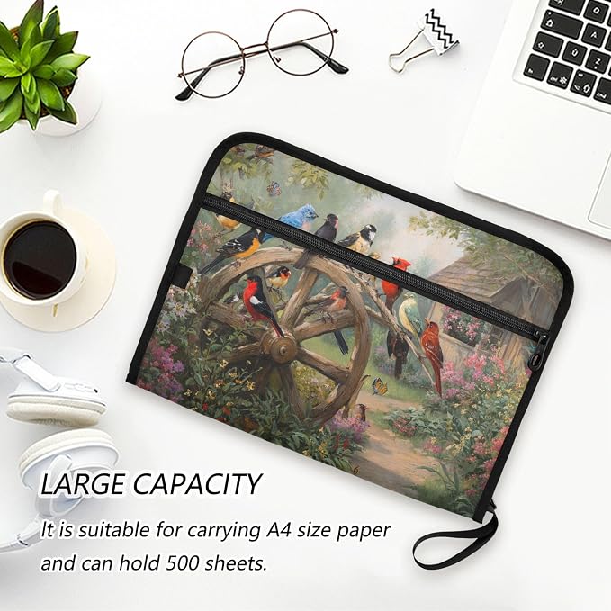 Birds on The Wagon Wheel Expanding File Folder with Sticky Labels, 13 Pockets Accordion File Folder Document Organizer Expandable Zip File Folder with Zipper Closure