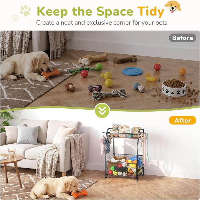 Large Dog Toy Basket, Metal Toy Bin for Dogs with Wood Countertop, Pet Toy Storage Basket with Collar Leash Holder Hook, Toy Holder for Dog Stuff Accessories, Toy Box for Living Room Area