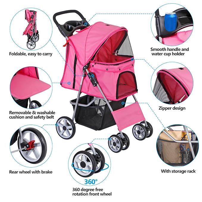 4 Wheels Dog Stroller Folding Pet Strolling Cart for Small Medium Cats Puppies Portable Jogger Travel Camping Puppy Carrier with Storage Basket Cup Holder, Pink