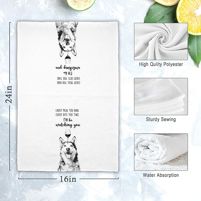 Funny Dog Husky Kitchen Towels Set of 2, Cute Dish Towel Gifts for Dog Lovers Mom Christmas, Every Meal You Bake Hand Towels Decor for Bathroom, Rustic Tea Bar Towel for Dining Room 16x24in