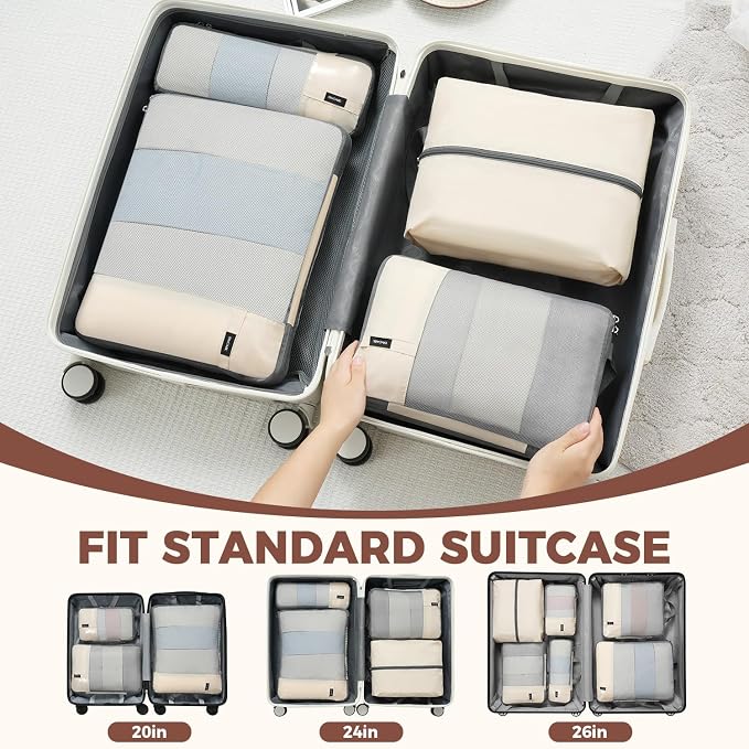 BAGAIL Lightweight Compression Packing Cubes for Travel, 6 Set, Beige | Salis Nylon Fabric,Anti-Tearing,Save Space,SBS Zippers,Packing List,PVC Tag Pocket,Custom Labels,Visible Mesh,Portable Handel